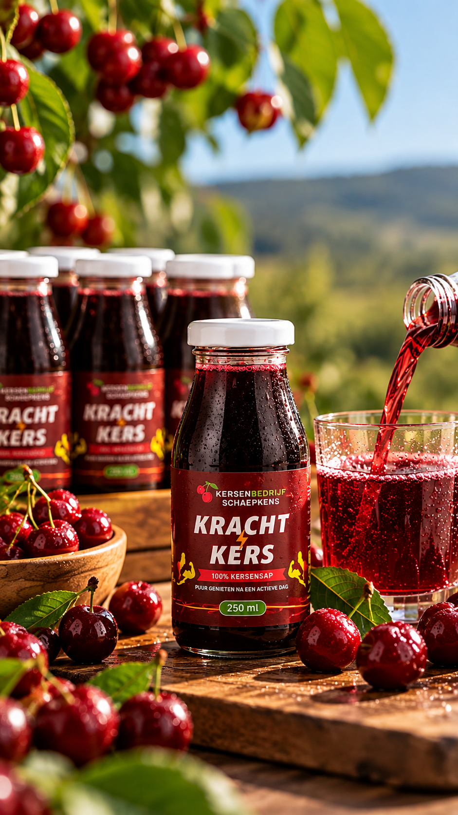 KrachtKers kersensap met verse kersen en ingeschonken glas